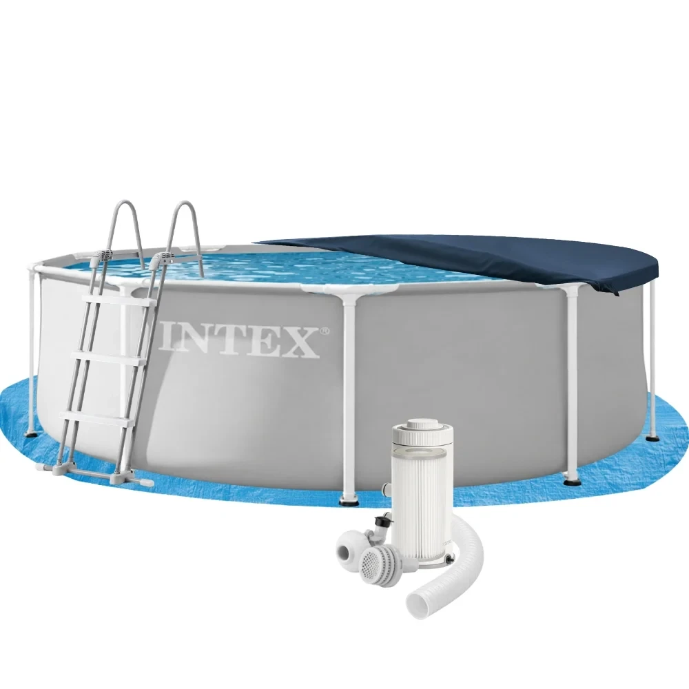 Бассейн каркасный круглый глубокий Intex 26706 5в1 набор с фильтром стремянкой и тентом 305х99 см Серый (147-9-26706-5)
