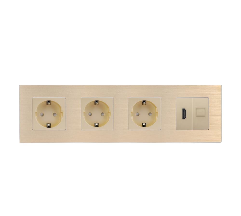 Розетка четырехместная WALLPAD с HDMI/интернет RJ-45 настенная алюминиевая рамка Золотой (WP-M4FHDMICAT6-GD)