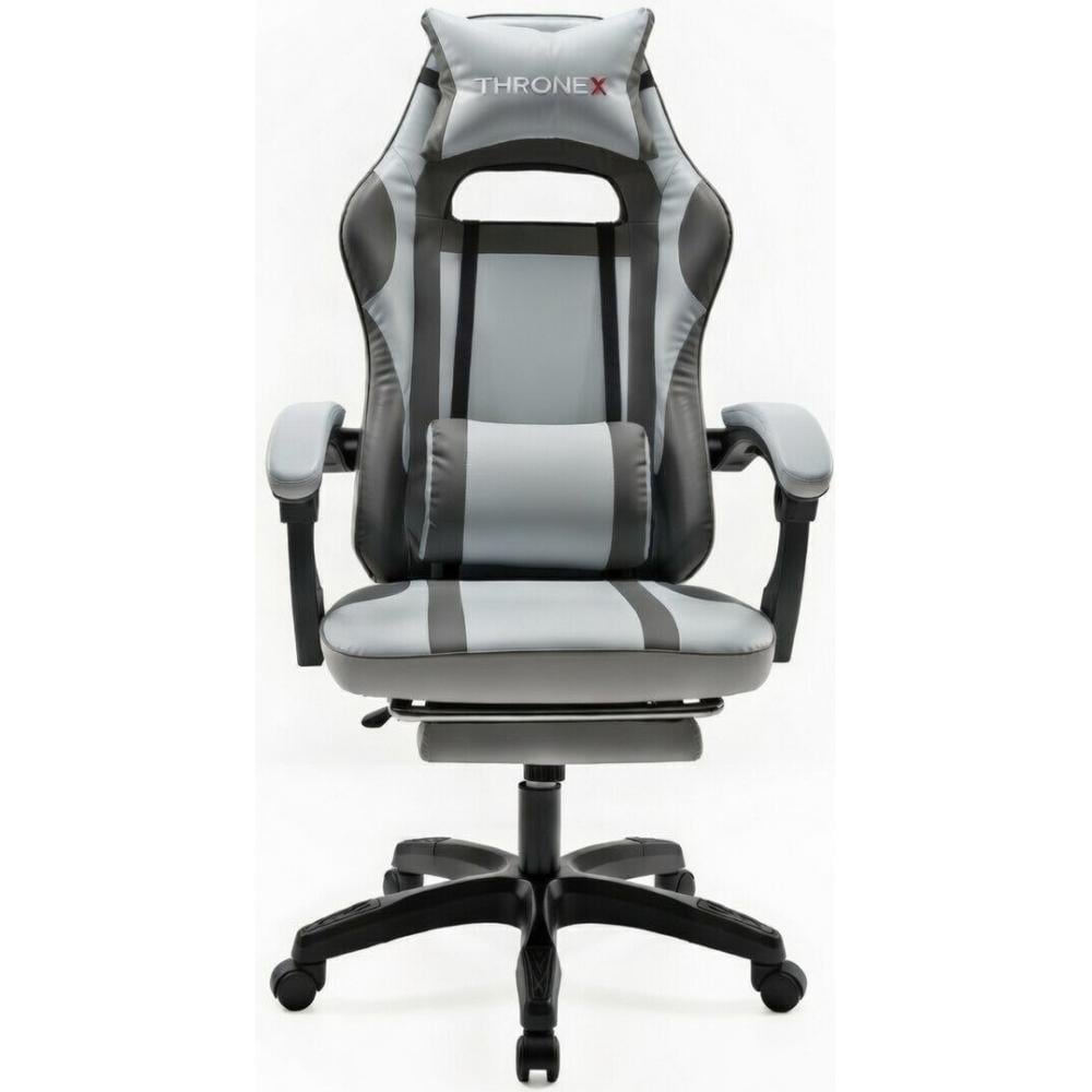 Кресло геймерское дизайнерское ThroneX с массажной подушкой/подножкой до 130 кг Светло-серый с графитом (PVC 003)