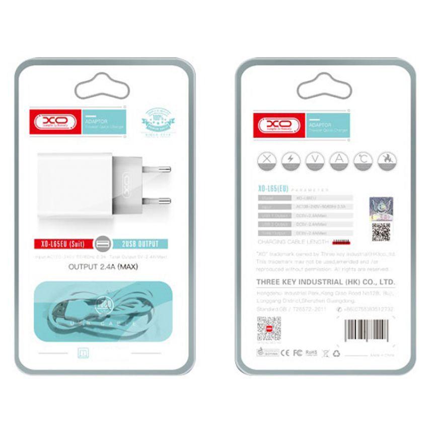 Адаптер Xo L65 2 USB/2.4A/Data Cable USB to Micro White - фото 2
