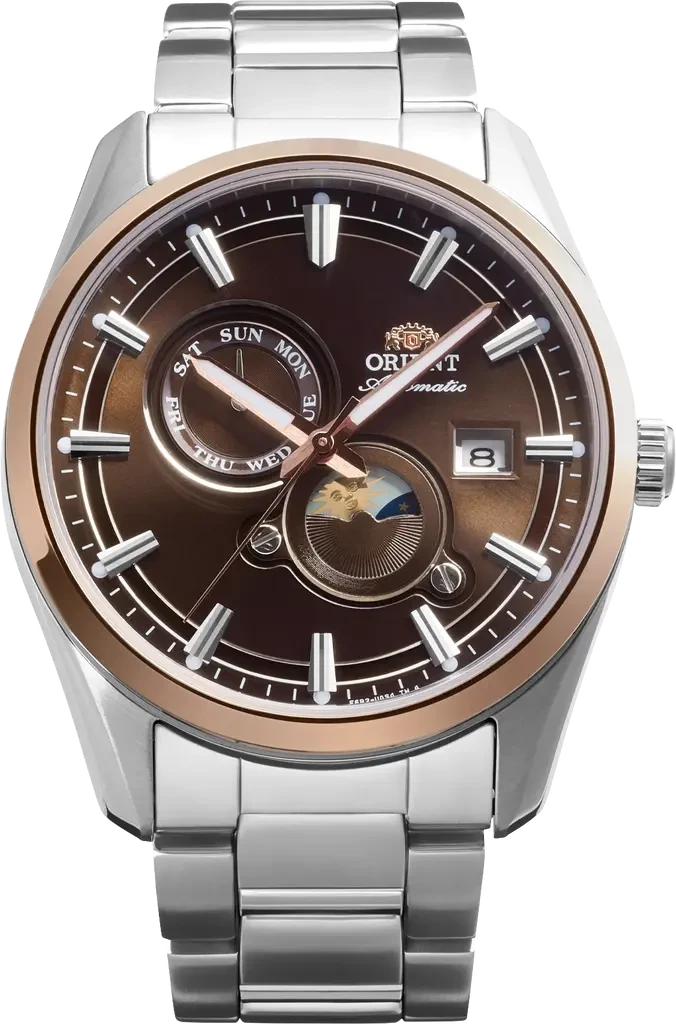 Наручний годинник чоловічий Orient Stretto Sun & Moon RA-AK0313Y30B з сталевим корпусом/сапфіровим склом WR 50 м Коричневий (3124584480)