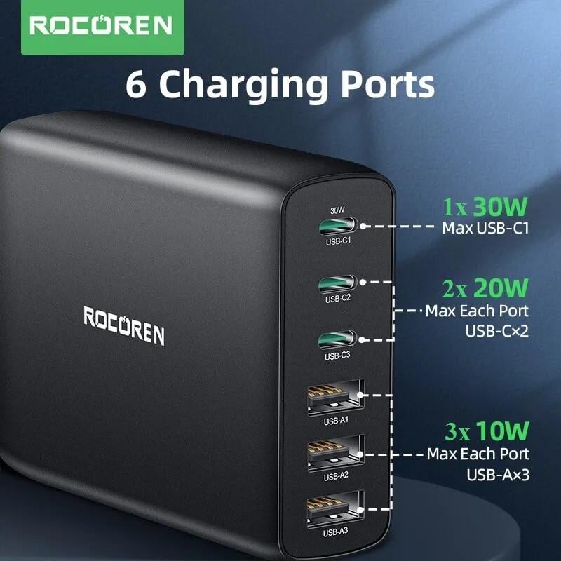 Зарядний пристрій мережевий Rocoren Gan Desktop Charger 100w 3 Type-C/3 USB PD 30w (25397440) - фото 2 Зарядний пристрій мережевий Rocoren Gan Desktop Charger 100w 3 Type-C/3 USB PD 30w (25397440) - фото 2