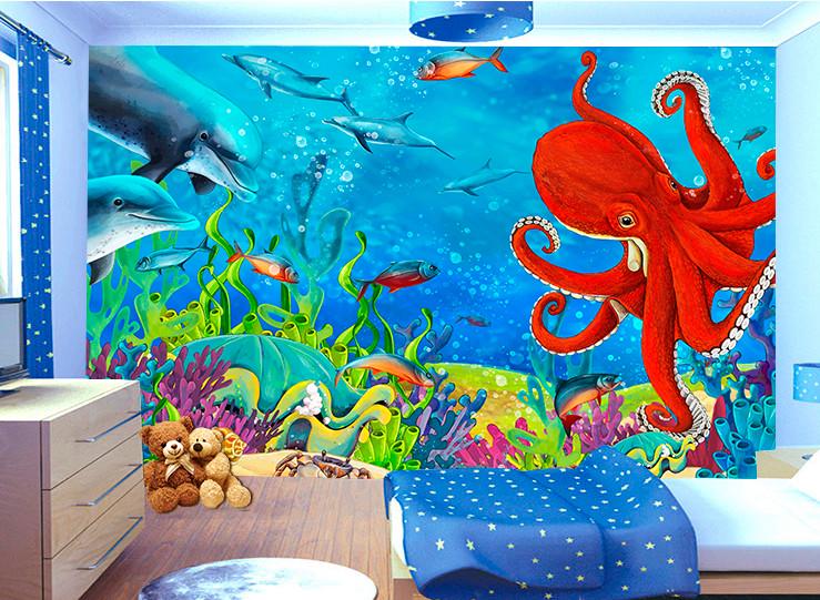 Фотообои 3D для детской комнаты Дельфины и осьминог
