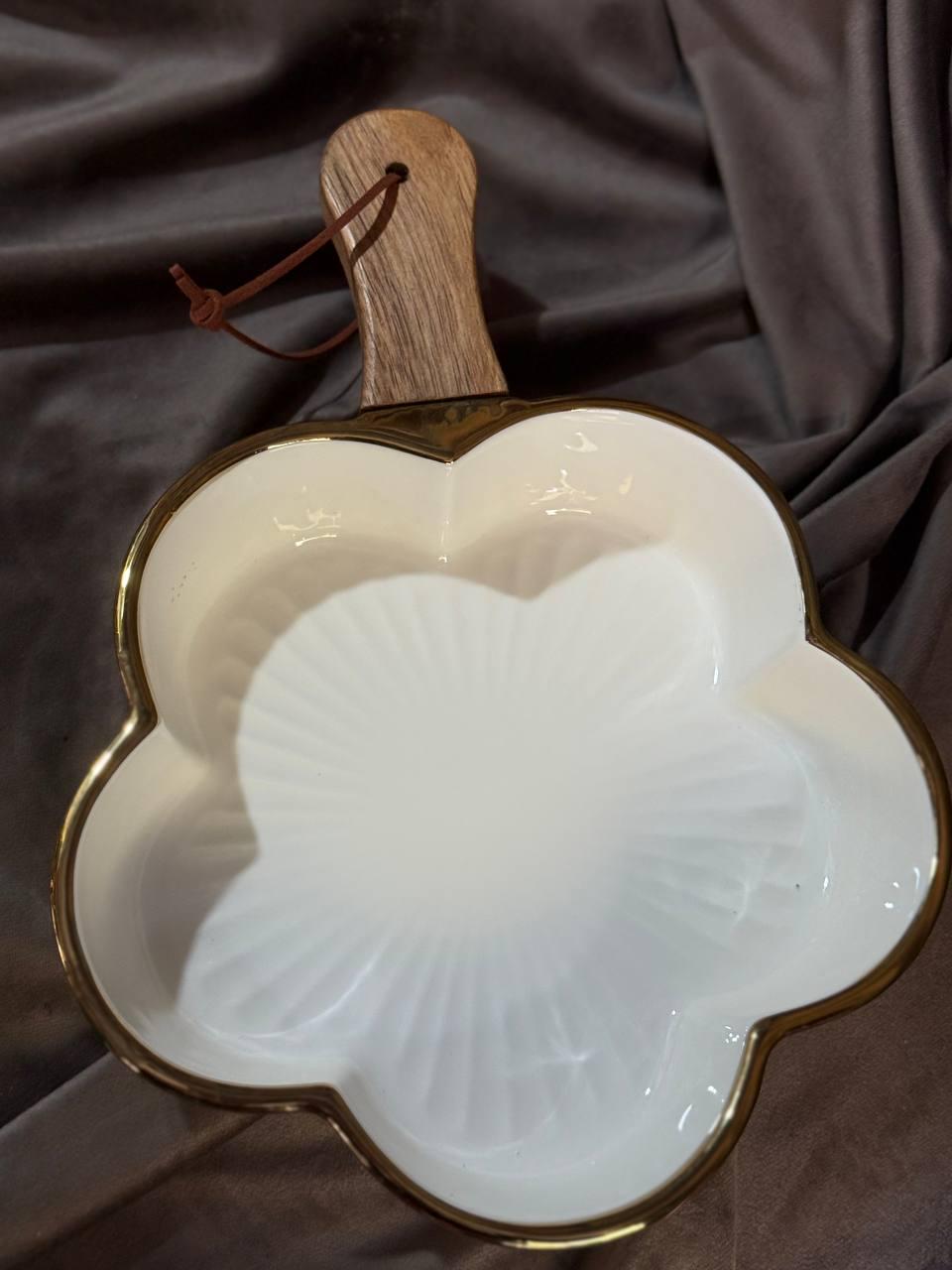 Тарелка сервировочная YIWU ZJH-14-2 фарфоровая с деревянной ручкой 700 мл Белый с золотым (30101588) - фото 4