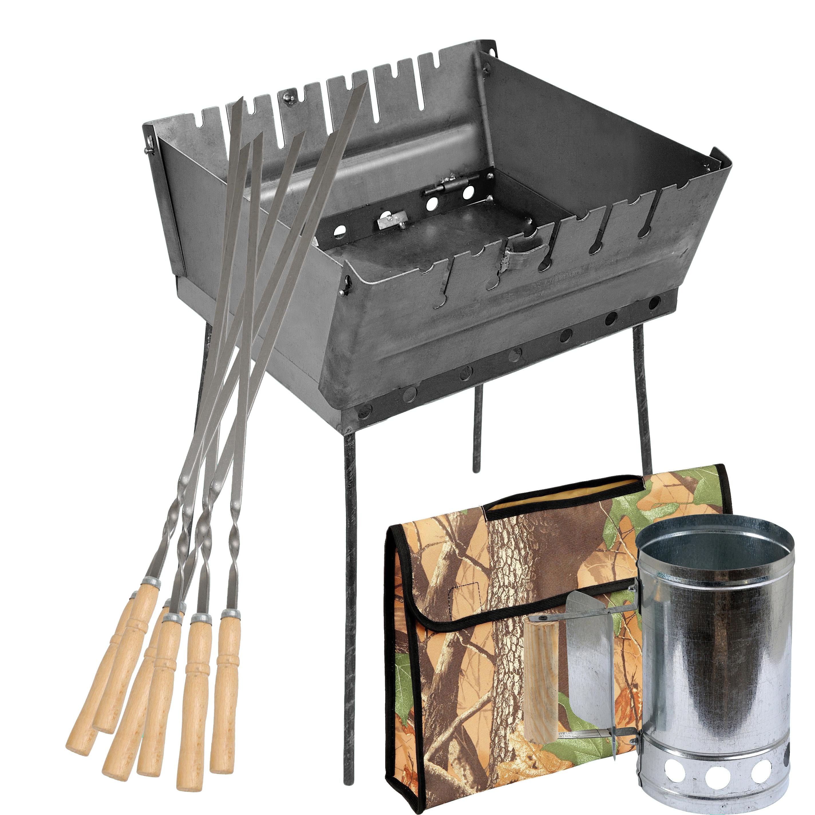 Мангал-чемодан 2 мм 370х350х160 мм в чехле с набором шампуров 6 шт. и стартером