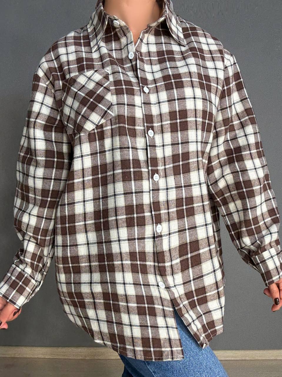 Сорочка жіноча Baoyu 225-1 в клітинку оверсайз фланель OS Світло-коричневий (4764) - фото 5