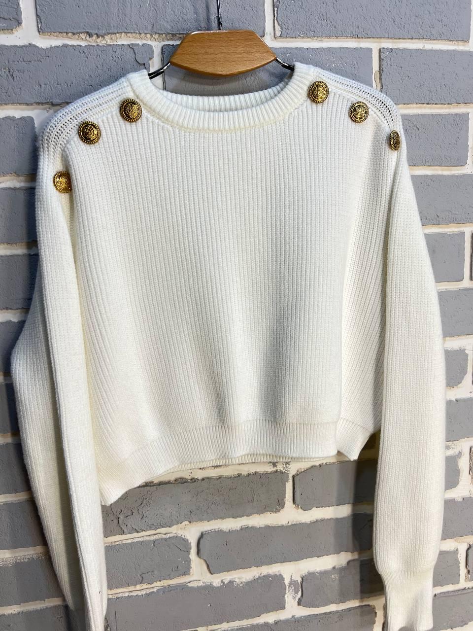 Свитер женский MIX RAY 6733 золотые пуговицы на плечах укороченный свободный OS Белый (1212) - фото 2 Свитер женский MIX RAY 6733 золотые пуговицы на плечах укороченный свободный OS Белый (1212) - фото 2