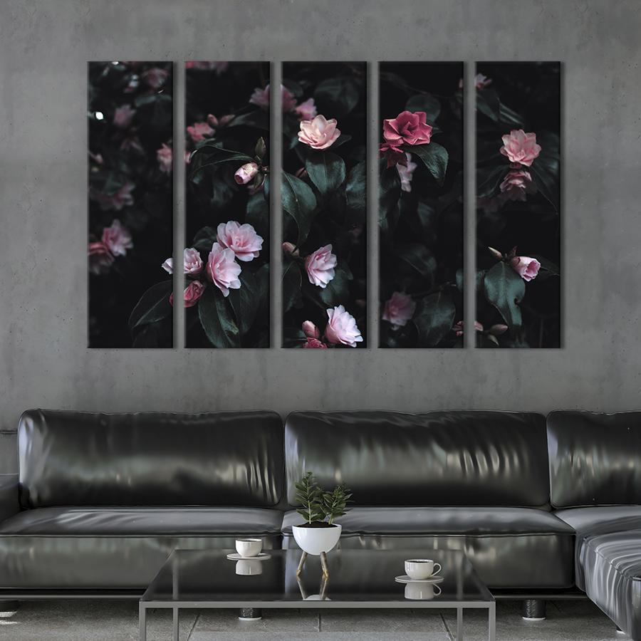 Картина на холсте Зелёный куст с розовыми цветами 155x95 см (934-51)