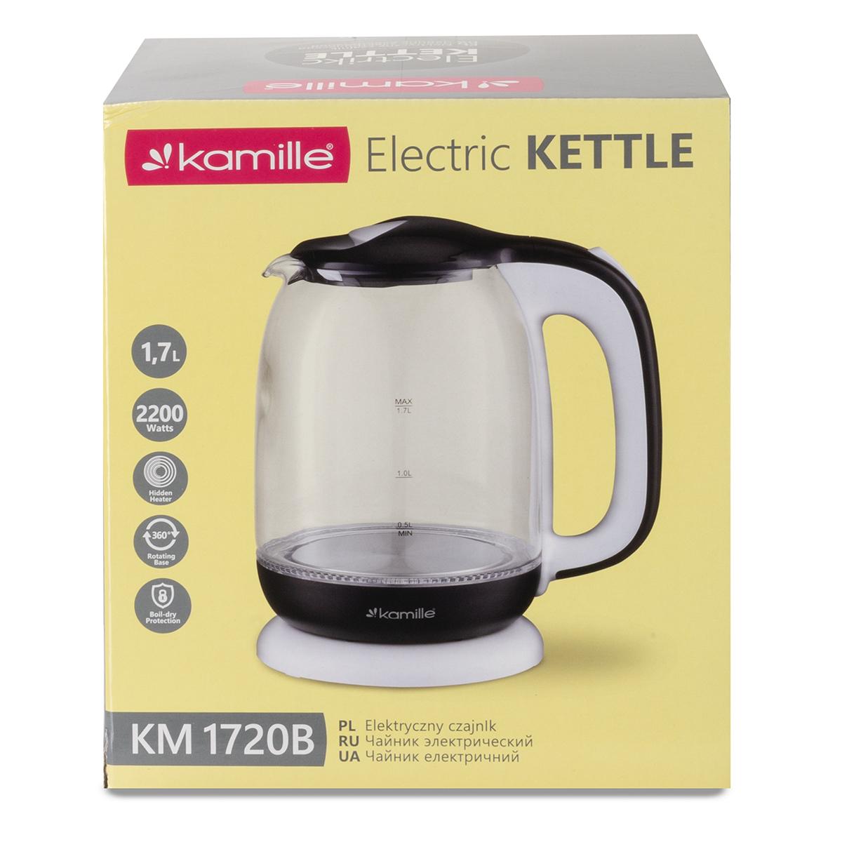 Електрочайник на підставці Kamille KM-1720В скляний з підсвічуванням та індикатором рівня води 2200 W 1,7 л Чорно-білий (124-84-1720В) - фото 9 Електрочайник на підставці Kamille KM-1720В скляний з підсвічуванням та індикатором рівня води 2200 W 1,7 л Чорно-білий (124-84-1720В) - фото 9