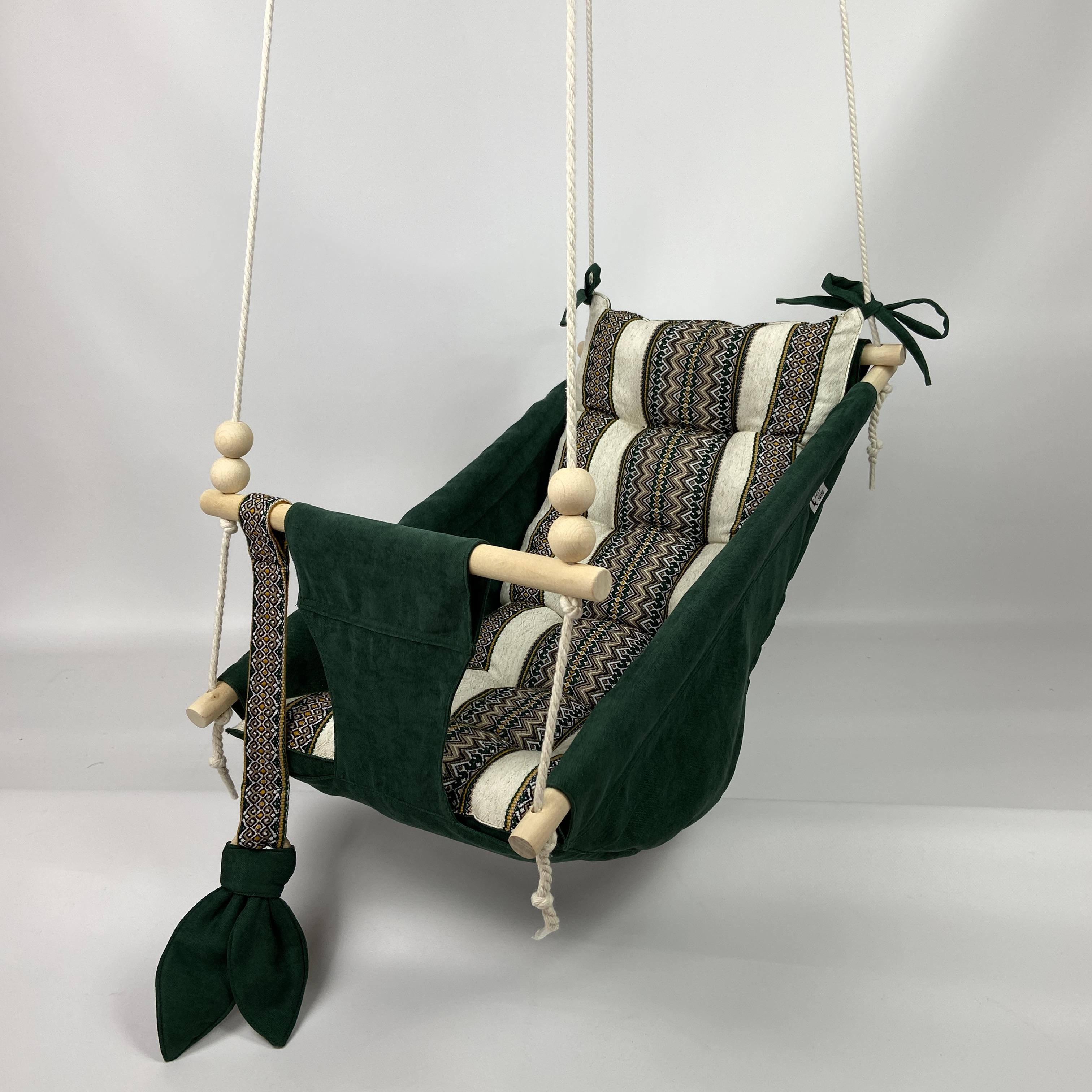Подвесные детские качели Колыханка вышиванка из микровелюра Зеленый (gs-8807)
