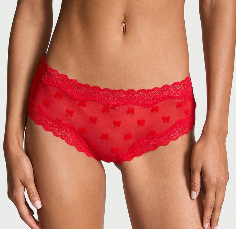 Трусики-чіки жіночі Victoria's Secret сітчасті з мереживом та флокованими бантиками S Червоний (2800639133)