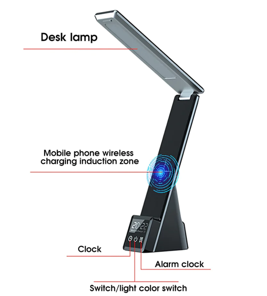Настільна LED лампа VHG QI-71 Бездротовий зарядний пристрій Годинник будильник Black - фото 3