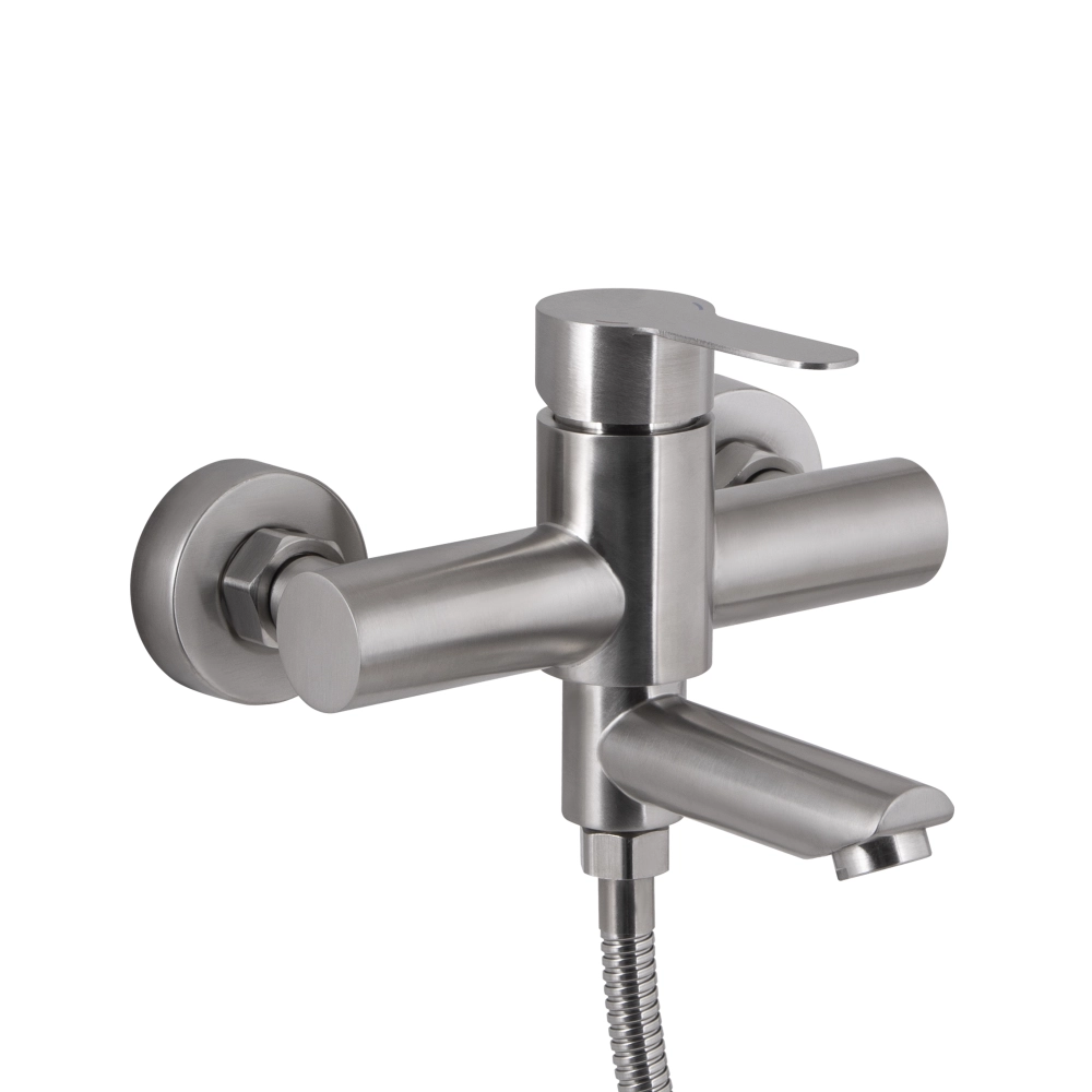 Смеситель для ванны Brinex Pure 006 из нержавеющей стали с коротким поворотным изливом с душевым гарнитуром Nickel