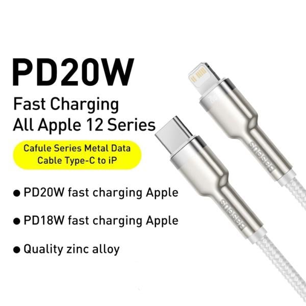 Кабель для швидкої зарядки BASEUS Type-C Lightning PD 20W Cafule Series Metal Data Cable 2 м White (CATLJK-B02) - фото 4