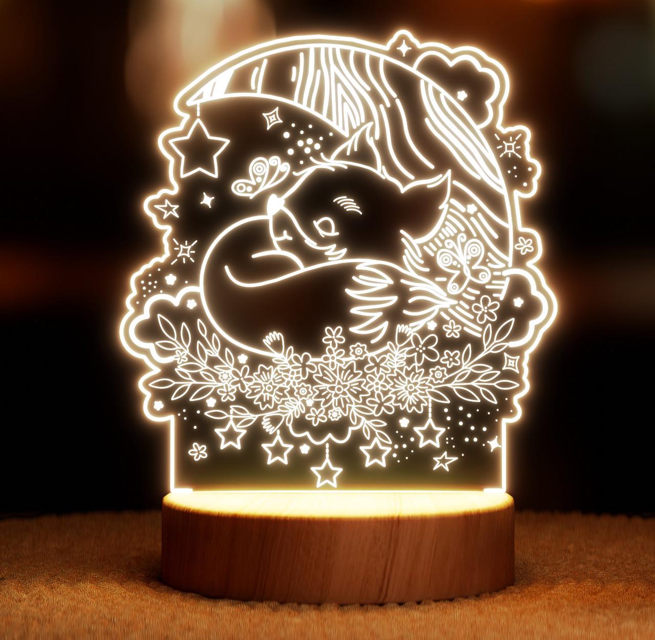 Нічник-світильник Lampic Лисеня спить на місяці USB дерево/акрил 15х22 см Жовтий (32377421)