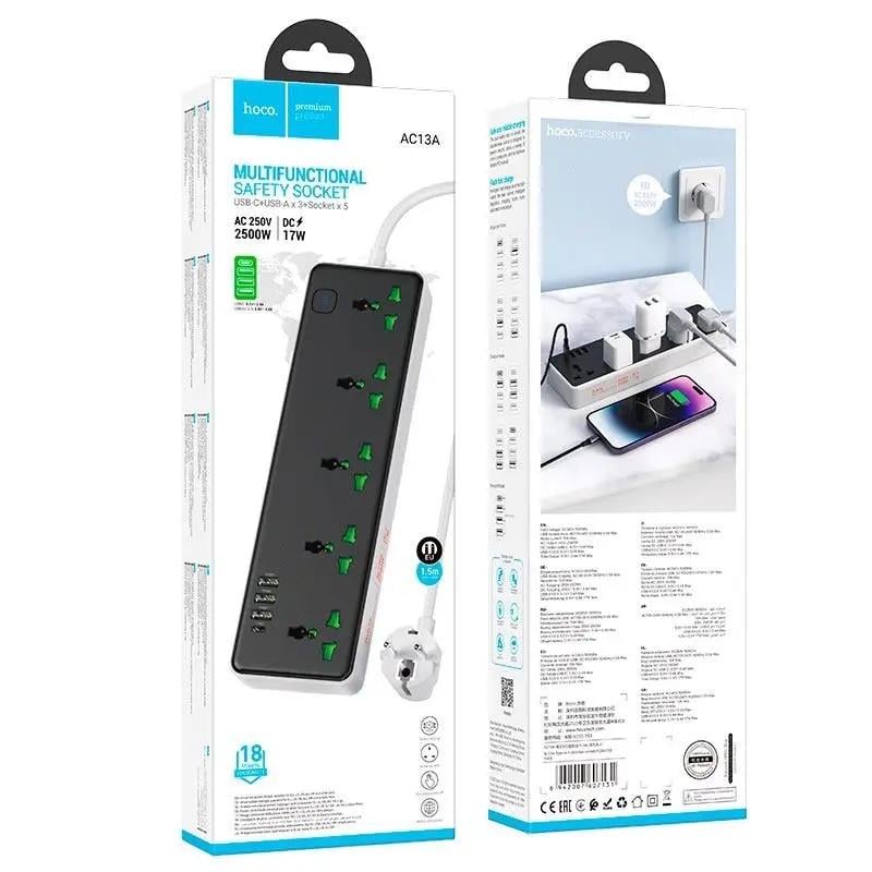Подовжувач на 5 розеток Hoco AC13A 3USB/1Type-C 10A 250V 2500W 1,5 м Чорний (2542684351) - фото 5 Подовжувач на 5 розеток Hoco AC13A 3USB/1Type-C 10A 250V 2500W 1,5 м Чорний (2542684351) - фото 5
