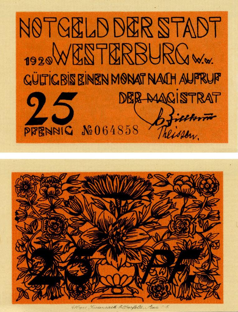 Коллекционная банкнота Германия Нотгельд 25 пфеннигов 1920 F-VF Вестербург (Б16151)