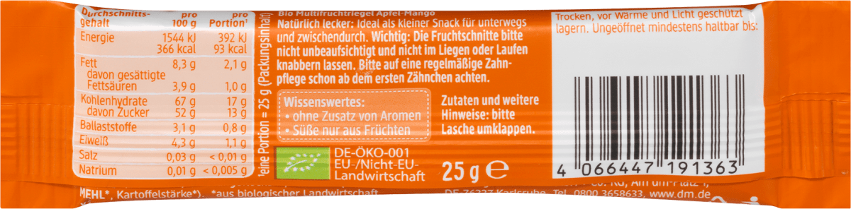 Фруктово злаковый батончик DM Bio яблоко-манго для детей от 1 года 25 г - фото 3