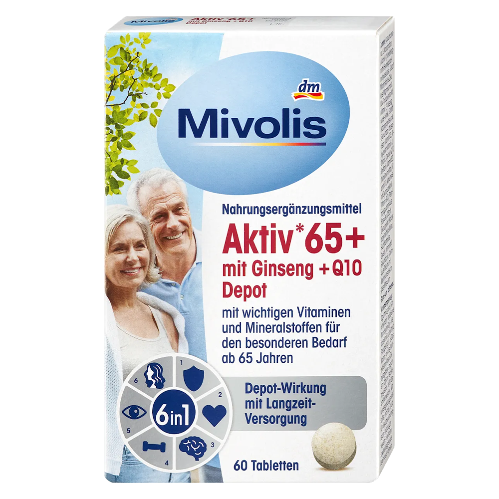 Биологически активная добавка комплекс витаминов Mivolis Aktiv 65+ mit Ginseng с женьшенем/Q10 60 шт. (EPI-15102025-1322)