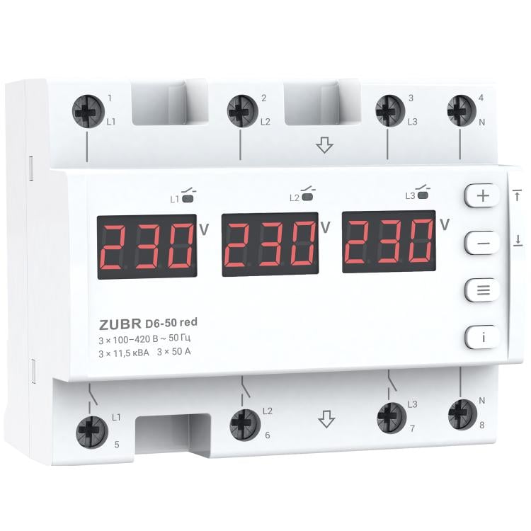Реле напруги ZUBR D6-50 трифазне з двома режимами роботи 50 А/11 000 ВА (4820120222146) - фото 1 Реле напруги ZUBR D6-50 трифазне з двома режимами роботи 50 А/11 000 ВА (4820120222146) - фото 1