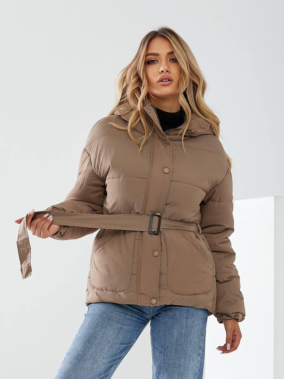 Куртка утеплена Khan коротка з поясом р. 42 Каваовий з молоком (Kh332) - фото 7