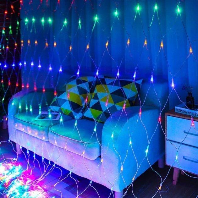 Гірлянда-сітка вулична від мережі прозорий шнур 1,5х1,5 м 120LED Різнокольоровий (1000-RV31M) - фото 2