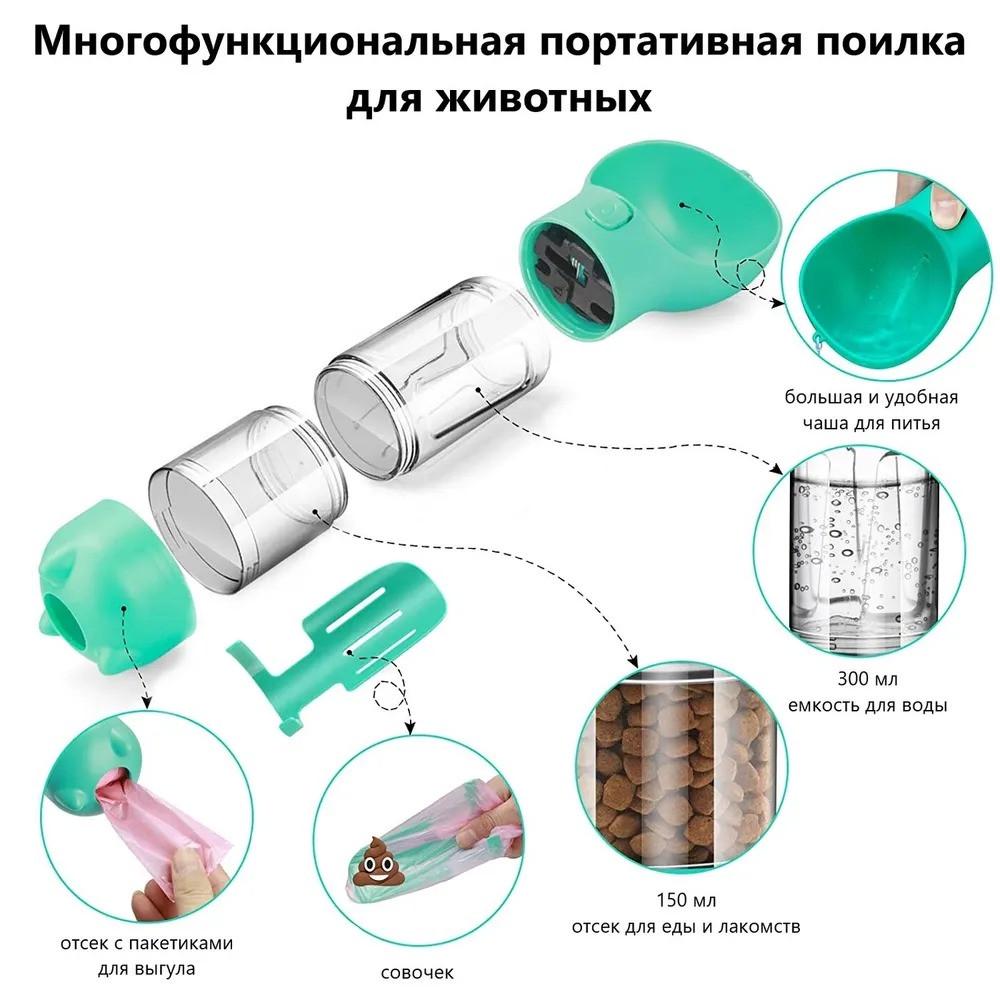 Бутылка-поилка для собак портативная 3в1 с отсеком для еды 300 мл Голубой - фото 3