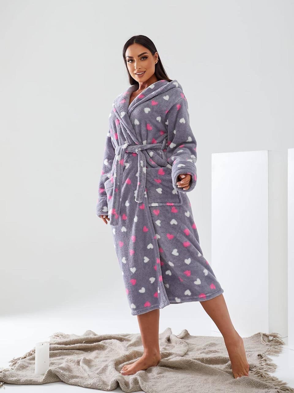 Халат женский с сердечками махровый L-XL (Х-0004L-XL)
