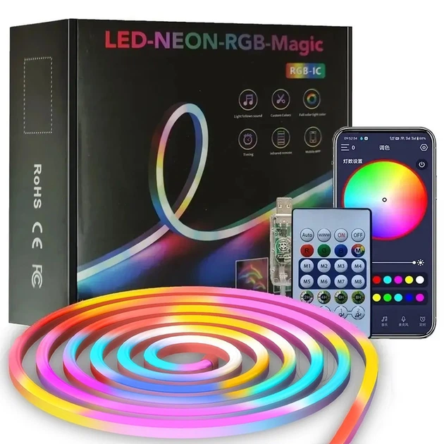 Светодиодная лента smart neon RGB-IC magic гибкая неоновая с bluetooth приложением и пультом usb 5 В 10 м (121165156)