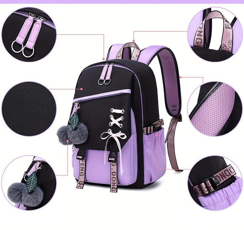 Шкільний рюкзак для дівчинки Berry 5-11 клас з хутряним помпоном Фіолетовий (1330976031) - фото 3