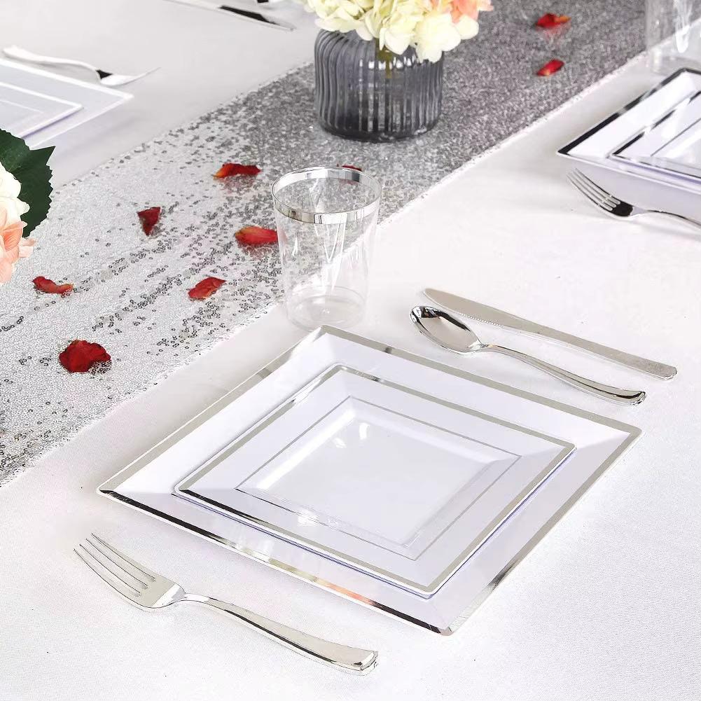 Набор тарелок пластиковых квадратные десертные и обеденные с серебристым контуром праздничные для сервировки 16,5 см/24 см 12 шт.