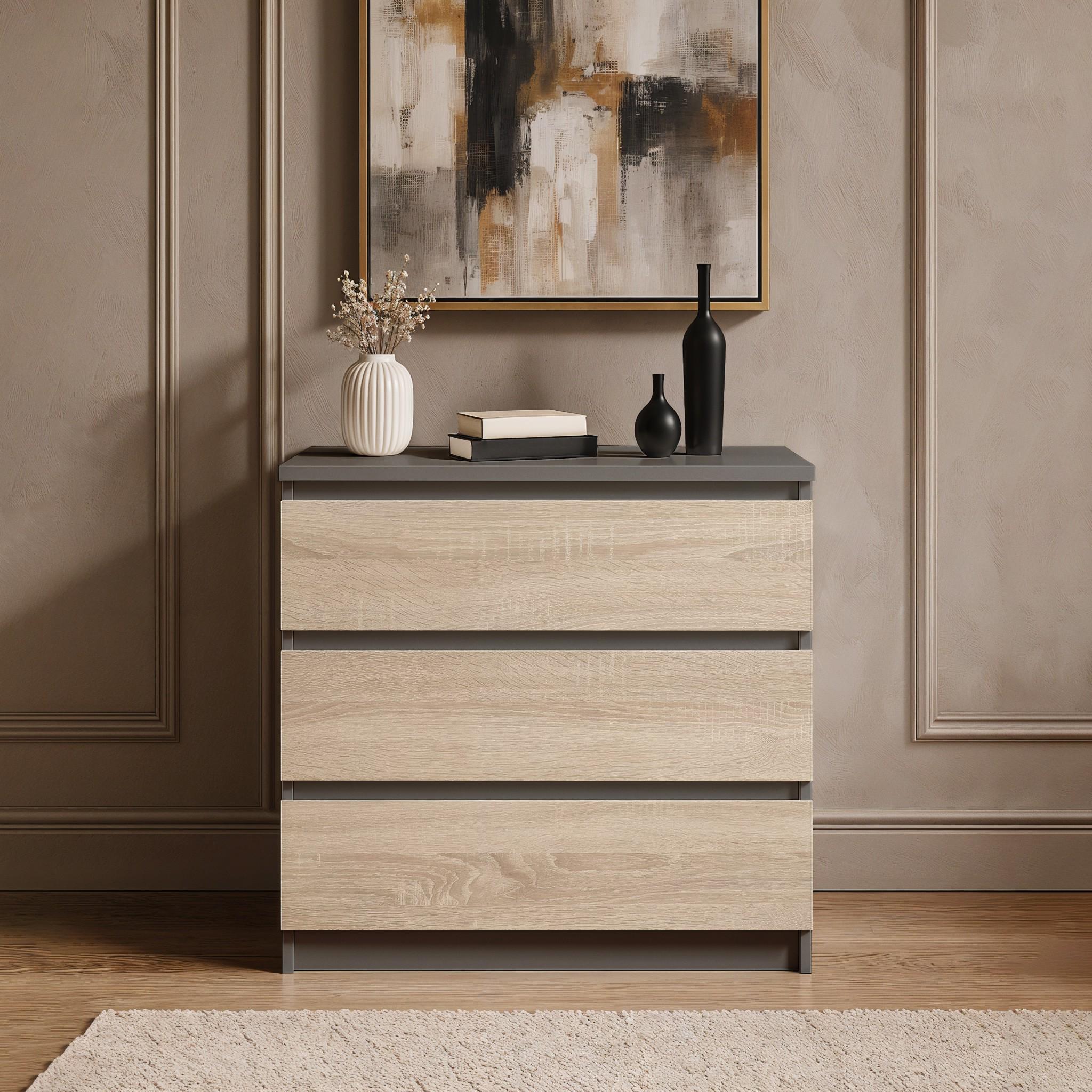 Комод на 3 ящика без ручек FT-214 800х400х755 мм Антрацит/Дуб сонома - фото 1 Комод на 3 ящика без ручек FT-214 800х400х755 мм Антрацит/Дуб сонома - фото 1