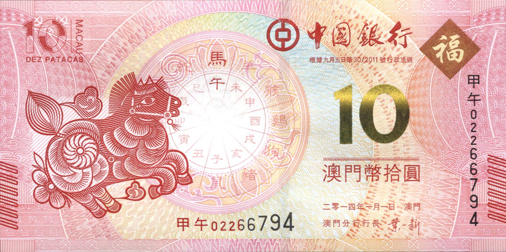 Коллекционная банкнота Макао 2014 10 патак BOC Год лошади P117 UNC