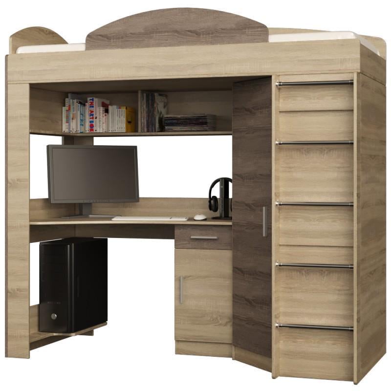 Кровать-чердак со шкафом и рабочим местом Еверест Дуб сонома/Трюфель