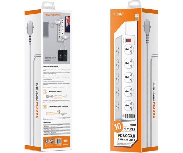 Удлинитель сетевой LDNIO SC10610 5 USB 1 Type-C 10 розеток 2 м White - фото 4