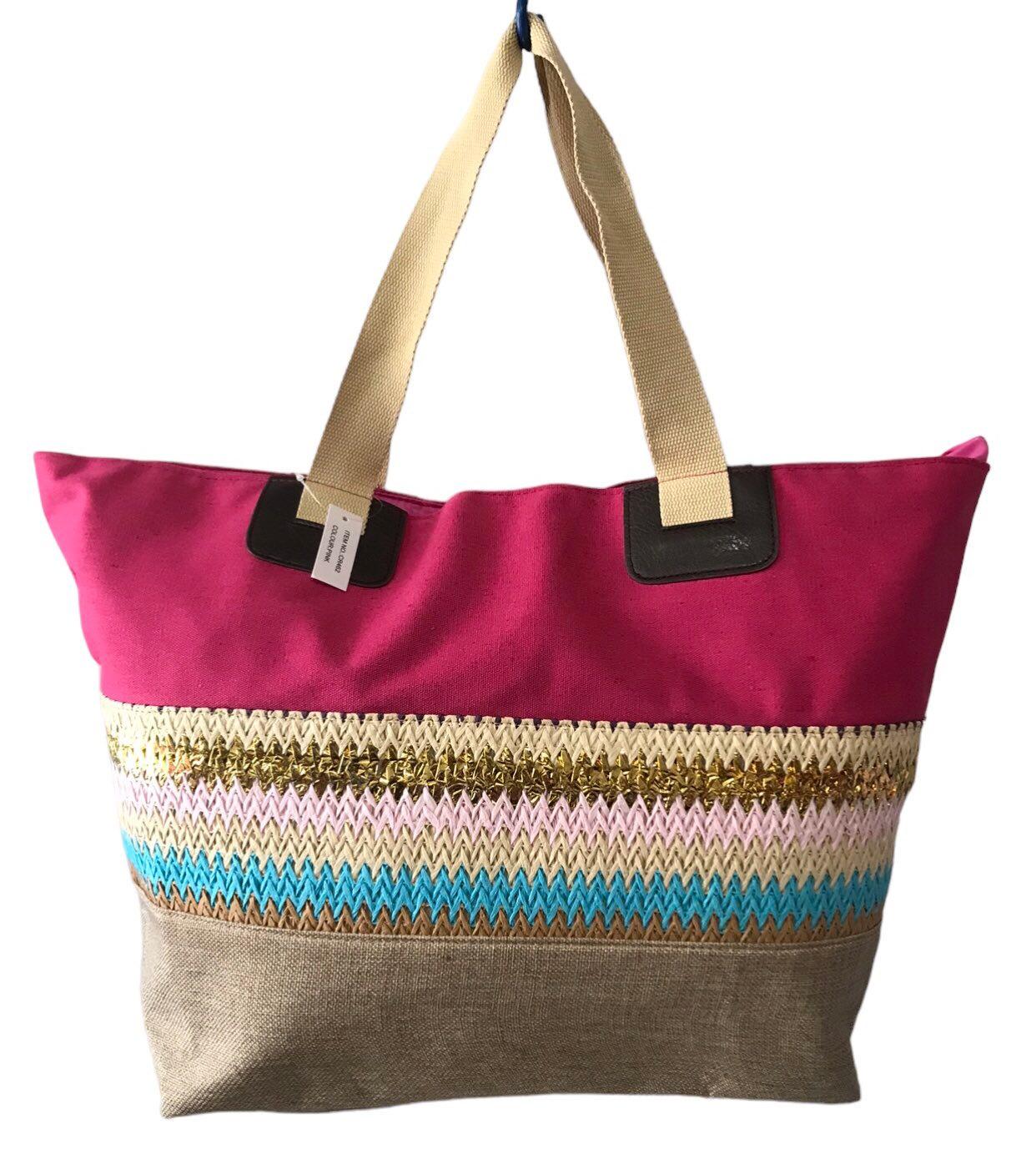 Сумка пляжная женская летняя из ткани на молнии в полоску с розово-голубовато-бежевый (CR462)