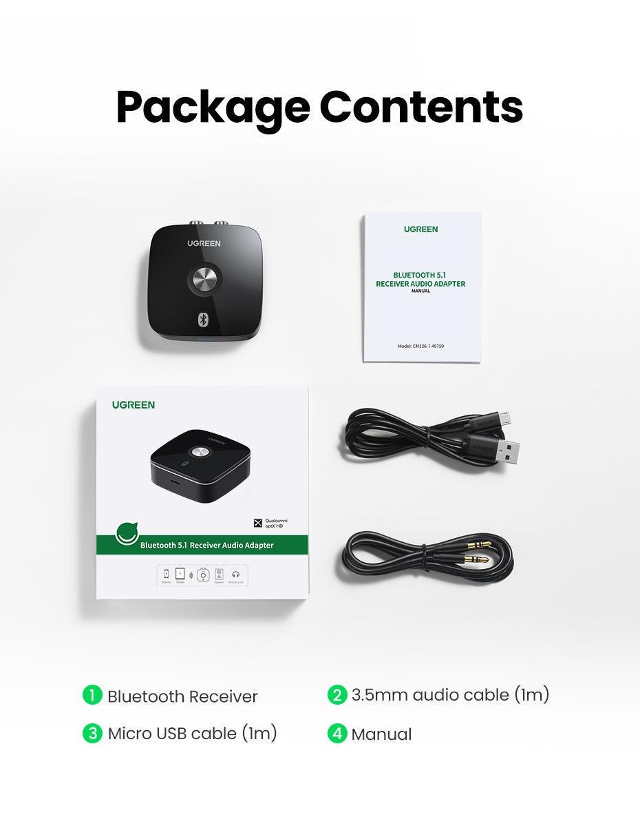 Адаптер UGREEN Bluetooth 5.1 приймач aptX HD Hi-Res 3,5 мм minijack AUX/2RCA-micro USB Аудіо AAC/SBC стерео Чорний (40759) - фото 7