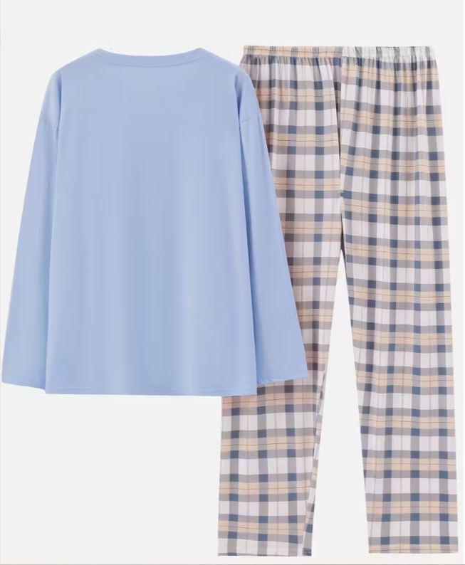 Пижама женская с длинным рукавом в клетку для дома весна-осень Голубой (1326/2) - фото 2 Пижама женская с длинным рукавом в клетку для дома весна-осень Голубой (1326/2) - фото 2