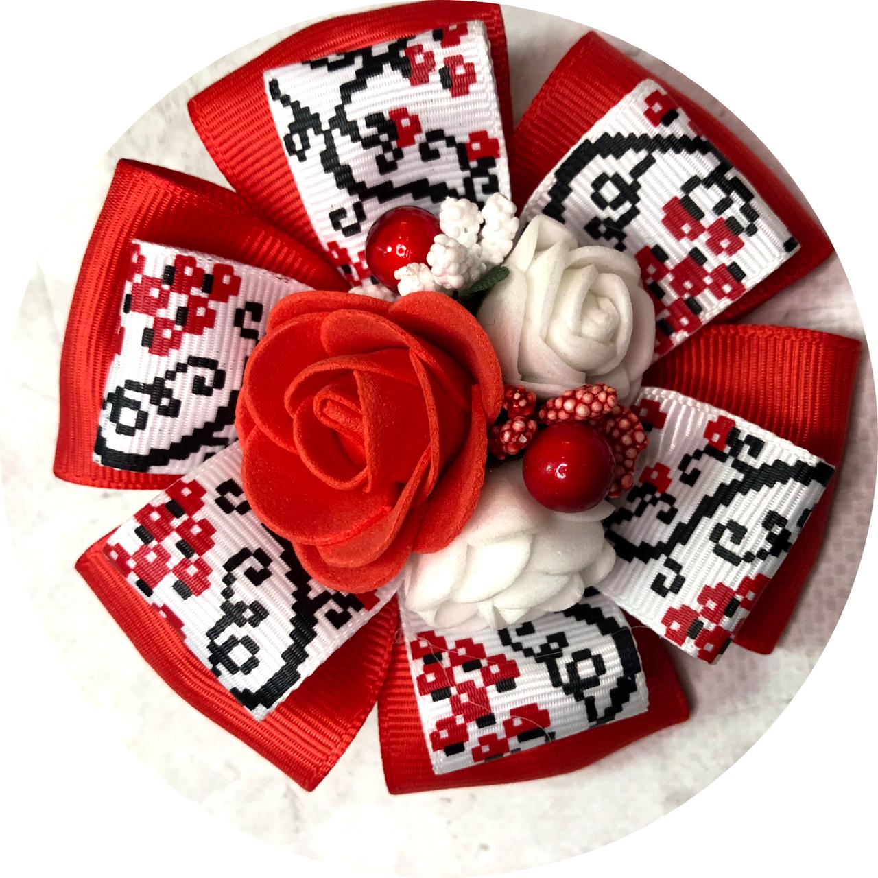 Бантик детский на резинке Украинский орнамент с цветочками D9 см Красный (11416)