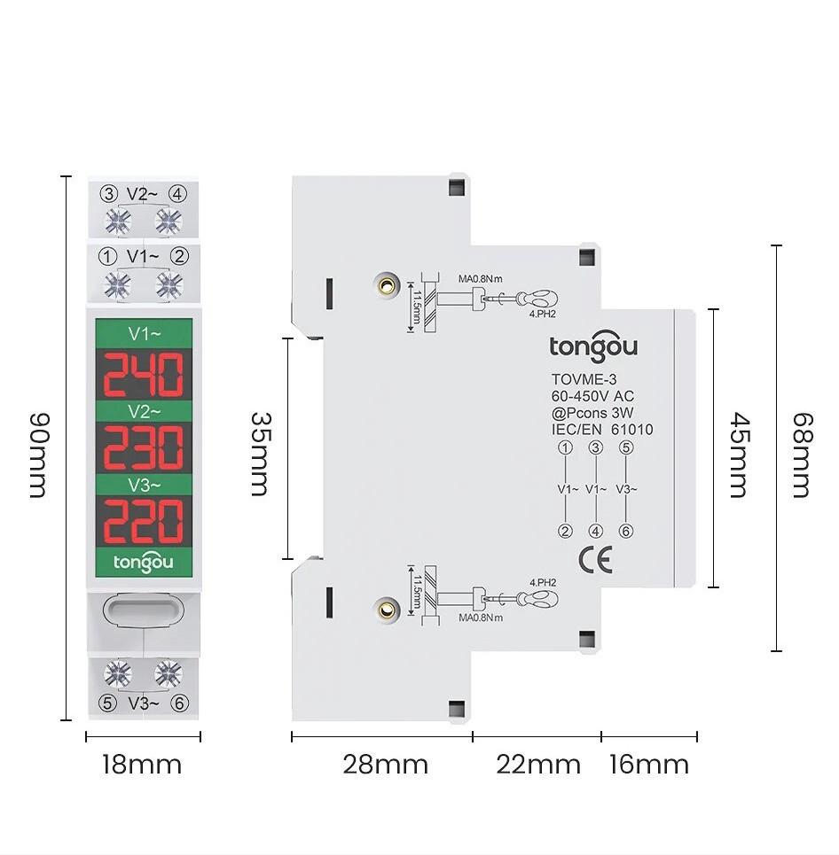 Вольтметр цифровий Tongou TOVME-3R трифазний на DIN рейку (19573512) - фото 6