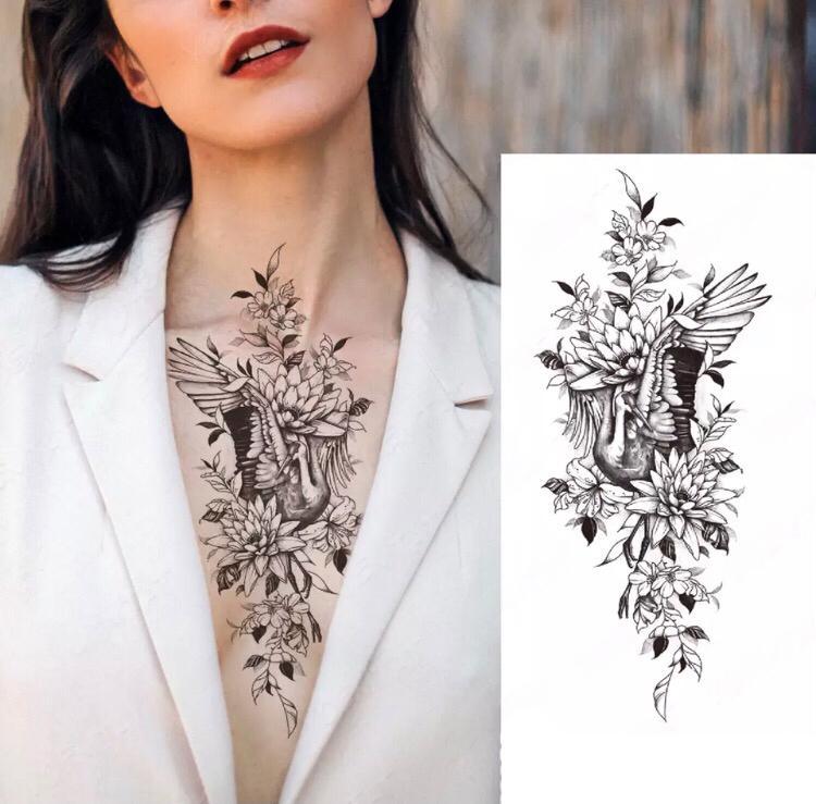 Тату тимчасове водостійке 3D велике Журавель у квітках XQB-356 19,5 х8 см (4506416) - фото 3