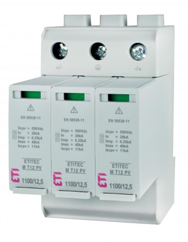 Обмежувач перенапруги ETI ETITEC M T12 PV 3Р 50кА 1100 В для сонячних панелей PV систем (2440511)