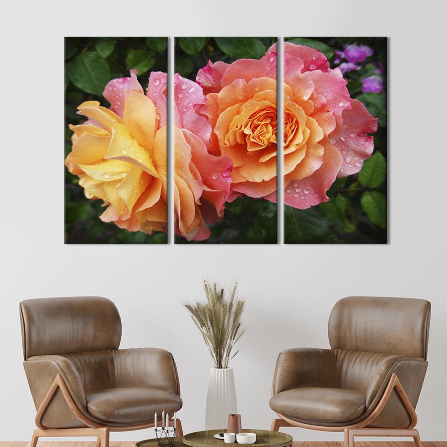 Картина на холсте триптих Красивые жёлто-розовые розы 156x100 см (847-31)