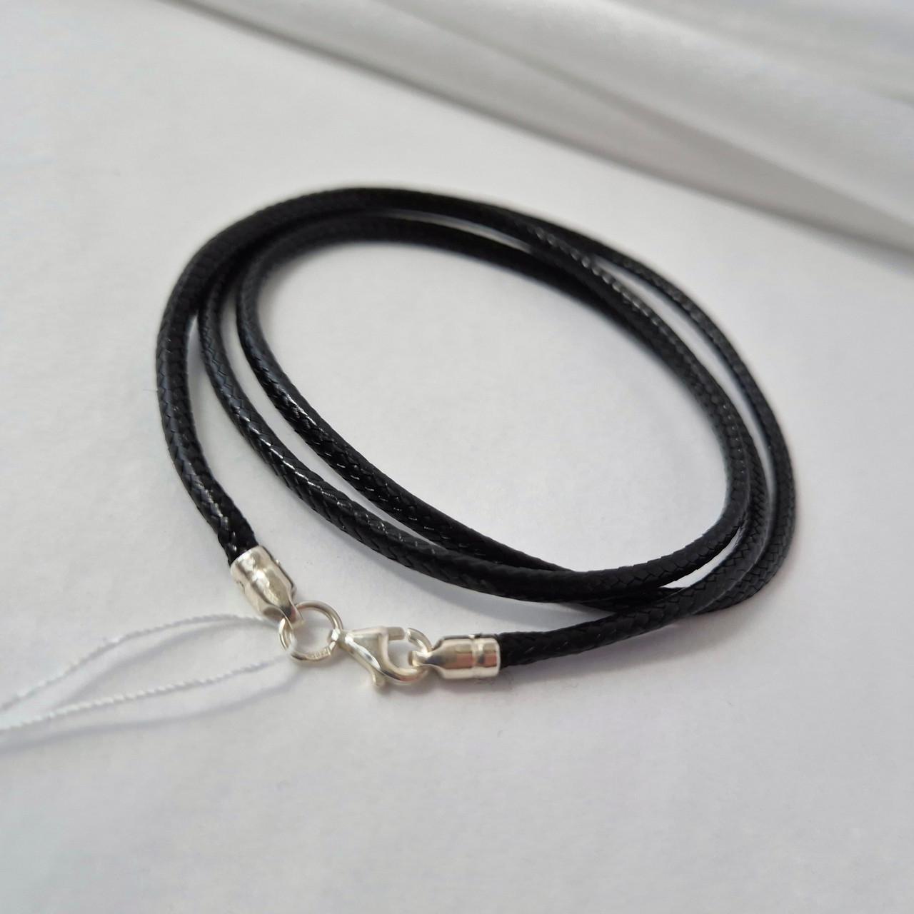 Шнурок на шею застежка серебро 925 пробы вощеная нить черного цвета 3 мм 40 см (6010/3)