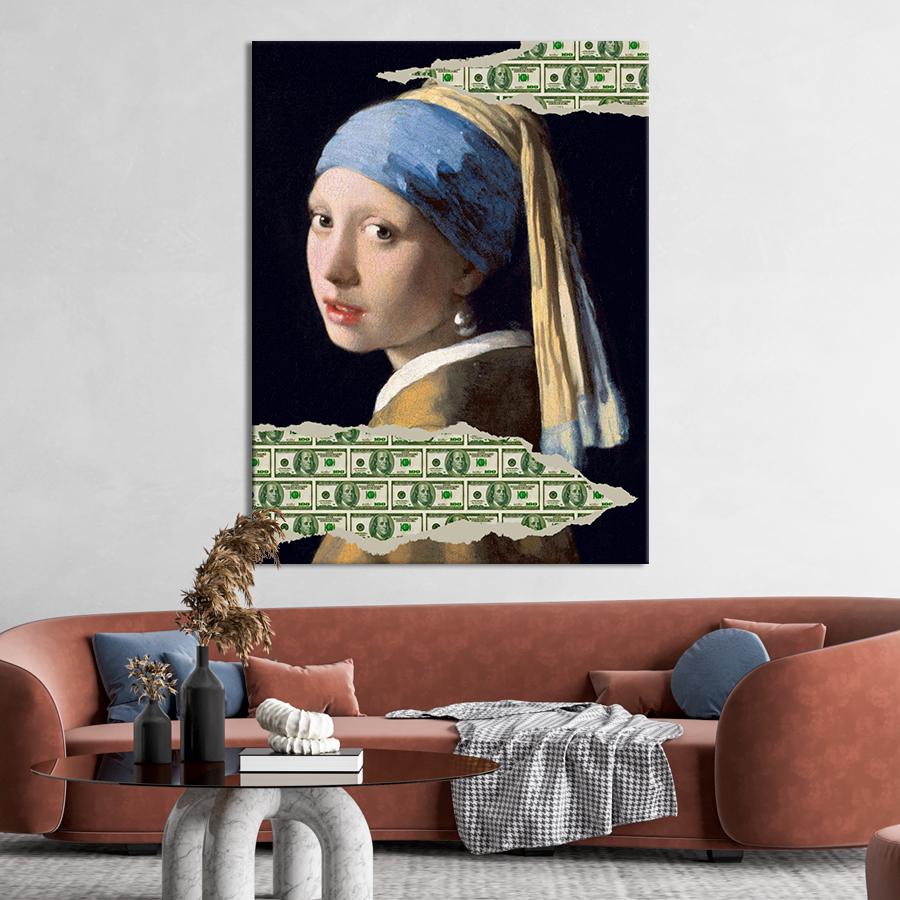 Настенний декор Девушка с жемчужной серёжкой и доллары 107x80 см (YM-53)