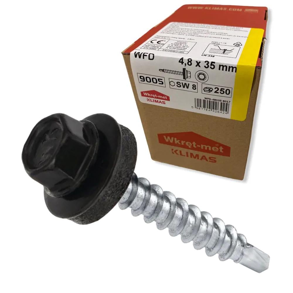 Саморез кровельный по дереву Klimas Wkret-Met RAL 9005 4,8x35 мм 250 шт.