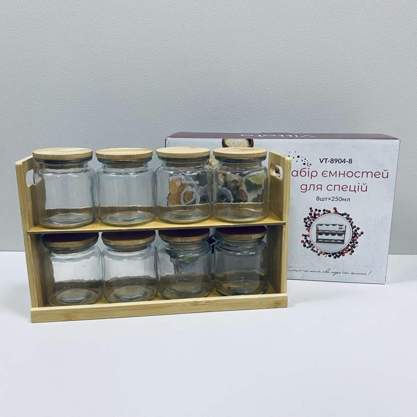 Набор емкостей специй Vittora VT-8904-8 на деревянной подставке 8 шт. по 250 мл (2336844046) - фото 2