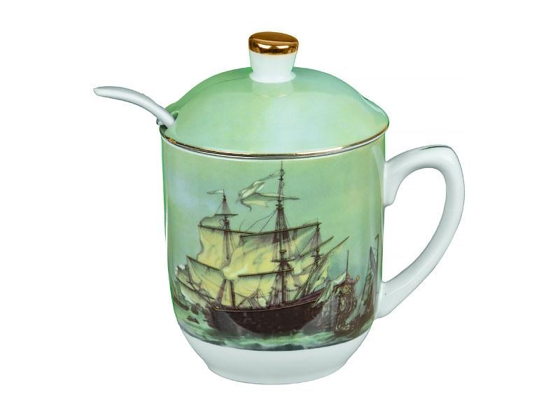 Чашка заварочная фарфоровая с ложкой Lefard Морской бой 300 мл Зеленый (985-037)
