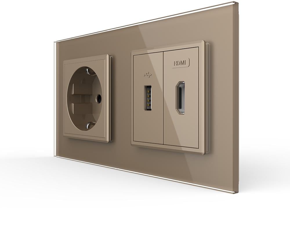 Розетка настенная LIVOLO с USB 10Вт интернет портом RJ-45/HDMI дизайнерская стеклянная рамка Золотой (VL-C7FCTC16A/FCUA/FCHD-4AP)