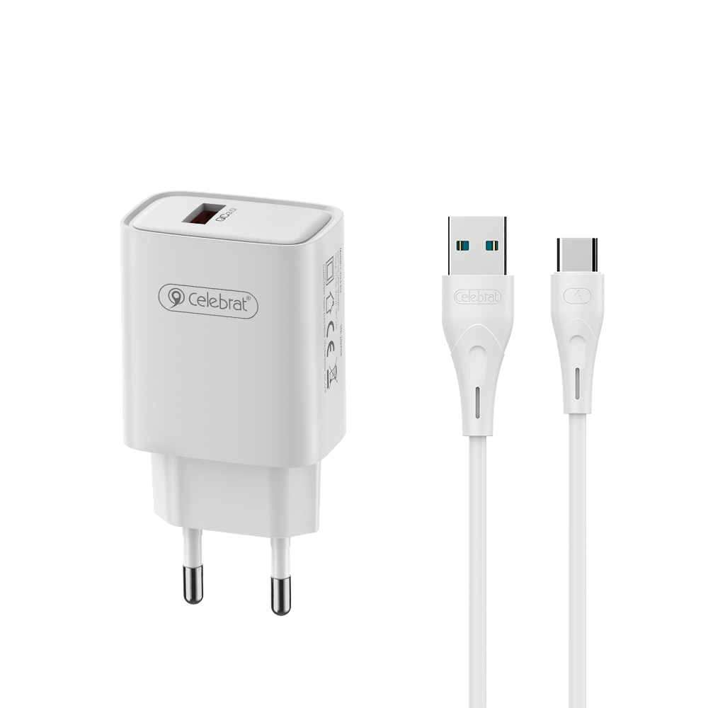 Зарядний пристрій Celebrat C-H13 1xUSB 18W wall charger з Type-C кабелем White